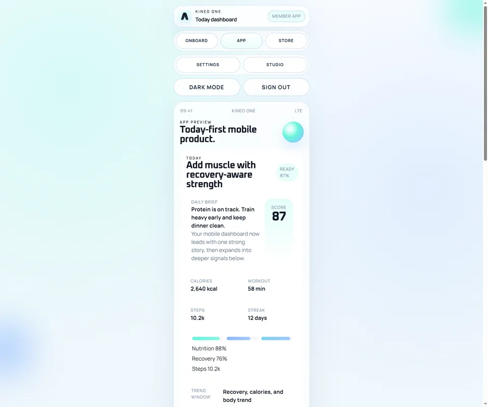 Kineo dashboard screen
